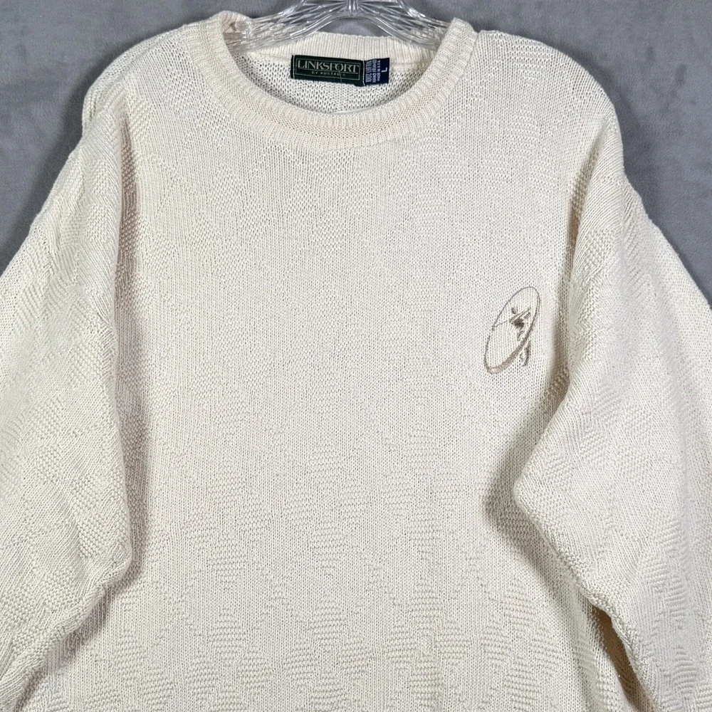 Linksport Sweater‎ Mens L Ivory 3D Geometric Oversized Chunky Golf Fisherman NEW